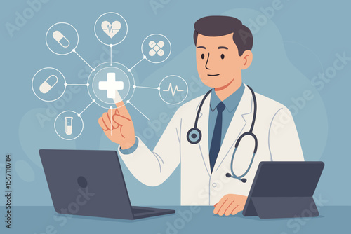 Medical doctor with stethoscope using laptop and tablet, interacting with virtual healthcare icons, digital health technology, telemedicine, online consultation, modern medical network interface
