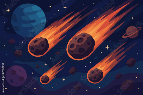 Fiery Meteorites and Asteroids Flying Through Deep Space with Distant Planets, Stars, and Cosmic Background. Outer Space Vector Illustration. Astronomy, Meteor Shower, Solar System, Universe Concept