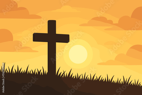 Christian cross silhouette on grassy hill at sunrise, faith hope resurrection concept, religious Easter background, peaceful dawn landscape, modern flat vector illustration, no text