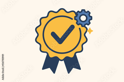 Quality Assurance Badge Icon with Check Mark, Gear, and Ribbons. Guarantee, ISO Certification, Standards Compliance, Service Excellence, Product Reliability, Commitment to High Quality Standards