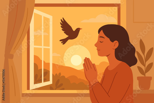 Woman Praying by Open Window at Sunset, Bird Flying Free, Hope and Peace Concept, Serene Home Interior, Nature Connection, Mindfulness, Spirituality, Modern Flat Vector Illustration