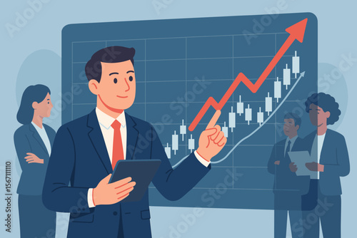 Businessman analyzing stock market chart. Financial expert using a virtual screen to show data growth. Investment, trading, bull market, and business success concept vector.