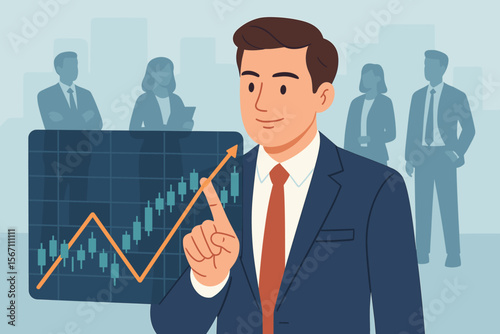 Businessman analyzing stock market data on a virtual screen. Financial trader pointing at a growing candlestick chart. Concept of investment, trading, and economic growth.