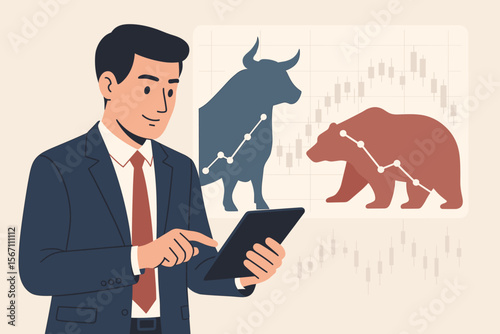 Stock market trader using tablet for financial analysis. Investment concept with bull and bear symbols showing bullish and bearish market trends on a candlestick chart background.