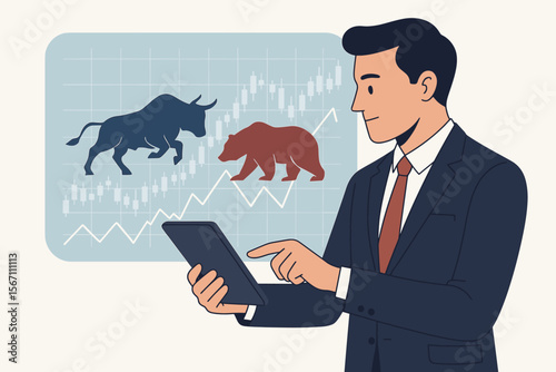 Businessman analyzing stock market trends on tablet. Financial concept with bull and bear symbols on a candlestick chart. Investor trading, bearish vs bullish market, vector illustration.