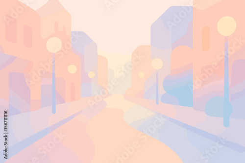 Abstract city street background in soft pastel colors. Dreamy urban landscape in foggy atmosphere. Quiet town road with buildings, streetlights. Morning haze concept. Flat vector.