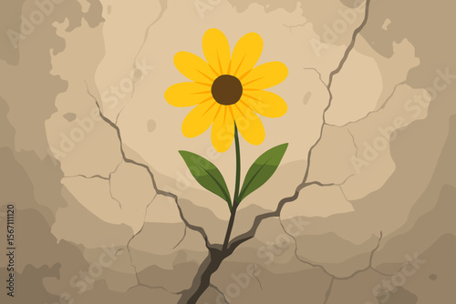 Resilient yellow flower blooming through cracked dry earth, hope and perseverance concept, nature overcoming adversity, survival, growth, flat modern vector illustration, grunge background