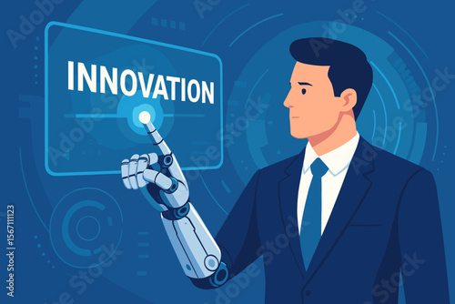 Businessman with a mechanical robotic arm touching an innovation button on a virtual interface. Futuristic technology concept with AI, robotics, automation, and business development.