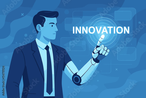 Businessman with a mechanical robotic arm touching the word Innovation on a virtual screen. Futuristic technology concept with AI and automation. Man interacting with digital interface.