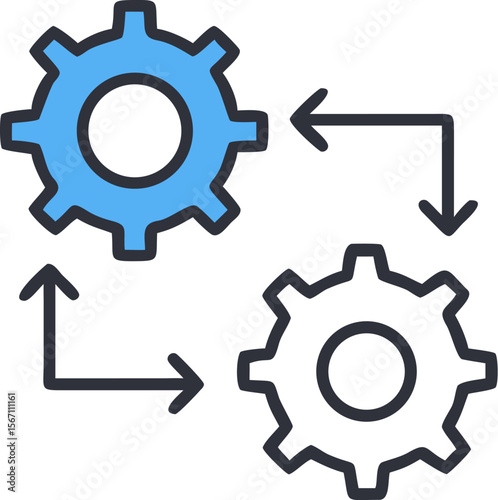 A single isolated flat vector-style icon of connected gears or flow chart with arrows, representing automation or business workflow, minimal clean style