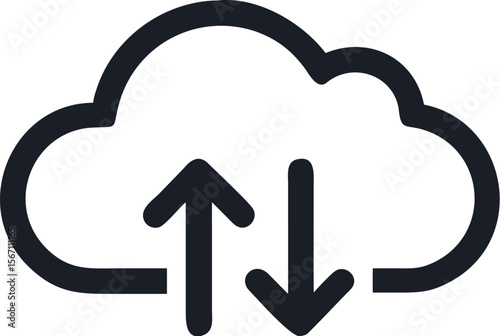A single isolated flat vector-style icon of a cloud with an upward and downward arrow, symbolizing cloud storage or file syncing