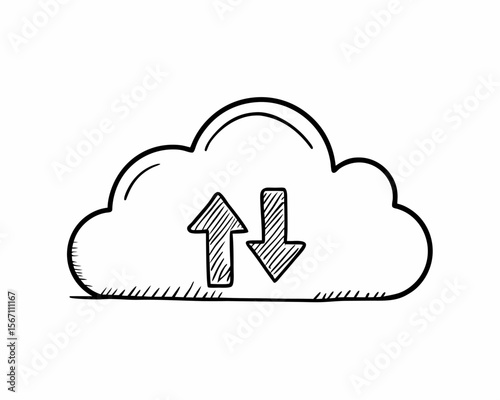 A single isolated flat vector-style icon of a cloud with an upward and downward arrow, symbolizing cloud storage or file syncing