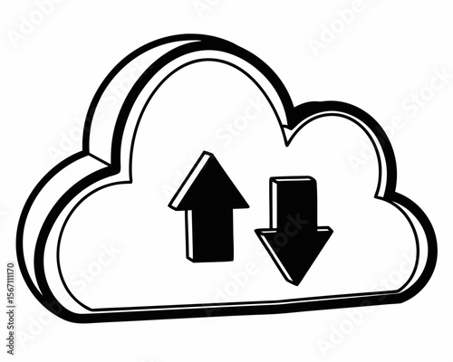 A single isolated flat vector-style icon of a cloud with an upward and downward arrow, symbolizing cloud storage or file syncing