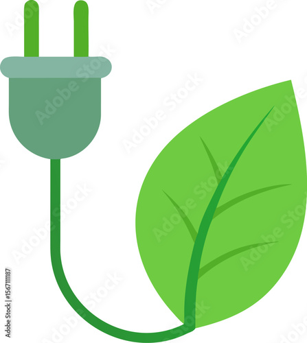 A single isolated flat vector icon of a green leaf combined with an electrical plug, symbolizing renewable energy or sustainability, clean vector style
