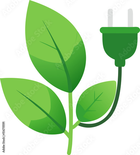 A single isolated flat vector icon of a green leaf combined with an electrical plug, symbolizing renewable energy or sustainability, clean vector style