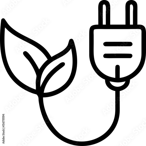 A single isolated flat vector icon of a green leaf combined with an electrical plug, symbolizing renewable energy or sustainability, clean vector style