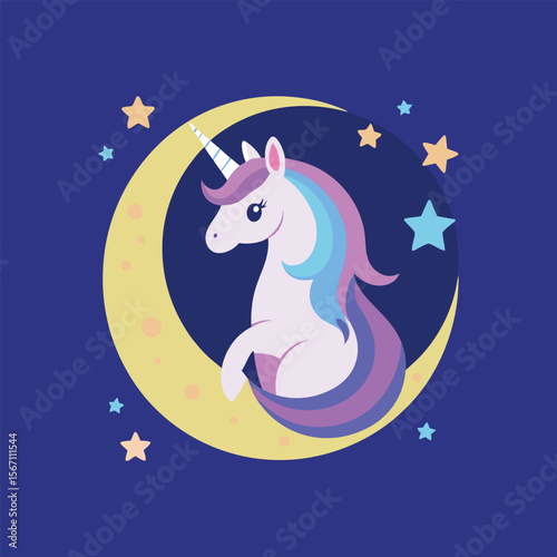 Magical unicorn sitting on crescent moon with sparkling stars, dreamy fantasy animal illustration for children, fairytale, night sky design