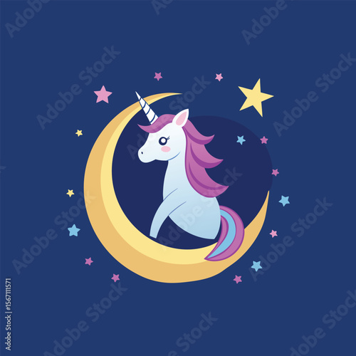 Magical unicorn sitting on crescent moon with sparkling stars, dreamy fantasy animal illustration for children, fairytale, night sky design