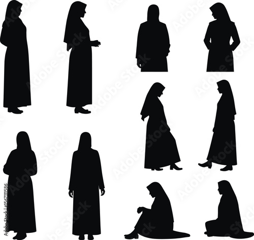 Muslim women silhouettes diverse poses abaya niqab