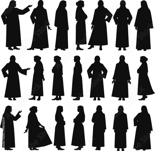 Diverse silhouettes of women in long robes various poses