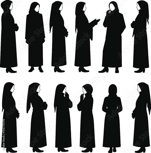 Muslim women silhouettes diverse poses islamic clothing