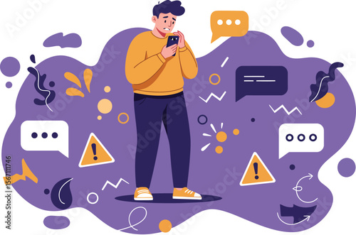 Man Using Smartphone Surrounded by Alert Messages and Notifications Illustration in Purple and Orange Colors 