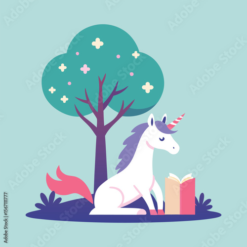 Minimal flat design of a cute unicorn reading a book under a tree, peaceful fantasy illustration for children’s content.