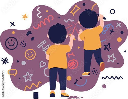 Two Children Drawing and Writing on Purple Wall with Various Symbols Creativity and Learning Concept 