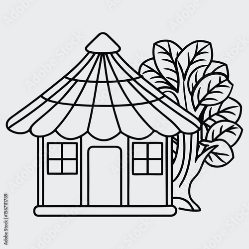 illustration of a hut with tree coloring page.eps