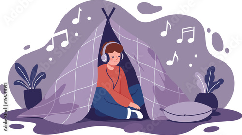 Young person relaxing in indoor tent listening to music with headphones and cozy atmosphere in purple tones 