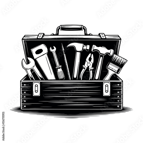 Open toolbox with assorted tools hammer wrench