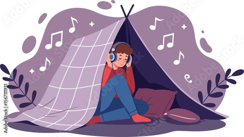 Child relaxing inside cozy blanket tent listening to music with headphones and pillow in calm environment 
