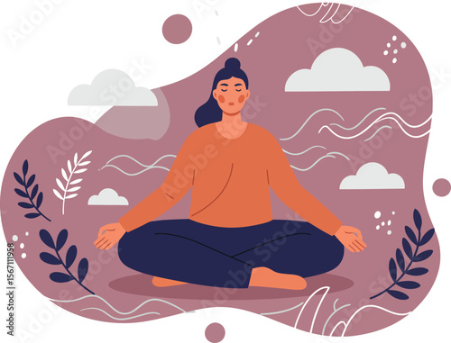 Person meditating in lotus pose with calm background and natural elements for mindfulness and relaxation practice 