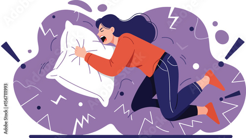 Woman expressing frustration while clutching pillow in abstract purple background digital illustration 