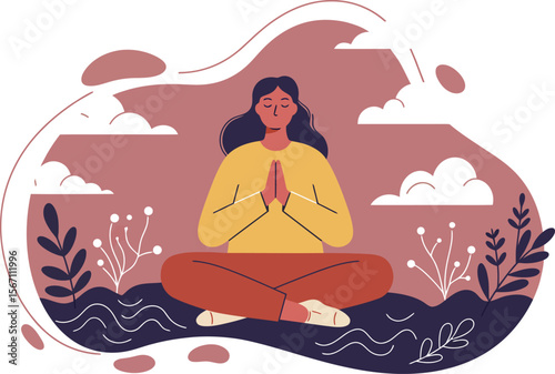 Woman meditating in nature surrounded by plants and abstract shapes with calm expression and peaceful atmosphere 