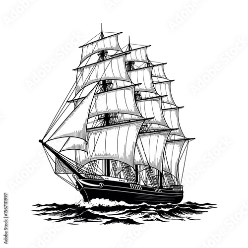 Tall ship sailing on wavy ocean sailing ship vessel