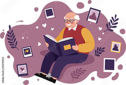 Elderly man reading book surrounded by photos and decorative leaves in cozy purple setting 