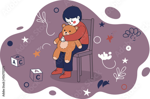 Child hugging teddy bear while sitting on chair surrounded by toys and floral elements in muted purple background 