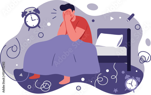 Stressed man sitting on bed overwhelmed by insomnia and anxiety in bedroom illustration 