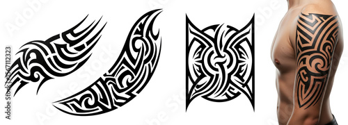 Tribal tattoo designs displayed on arm and isolated on transparent background  