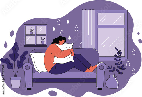 Woman hugging white cat on cozy sofa in purple toned room with plants and raindrops outside window 