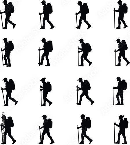 Twelve hikers silhouette trekking backpacking adventure