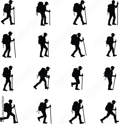 Twelve silhouettes of hikers trekking with backpacks and poles