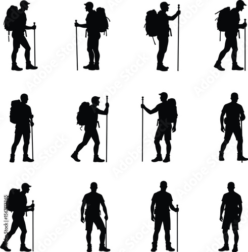 Twelve silhouettes of hikers with backpacks and trekking poles