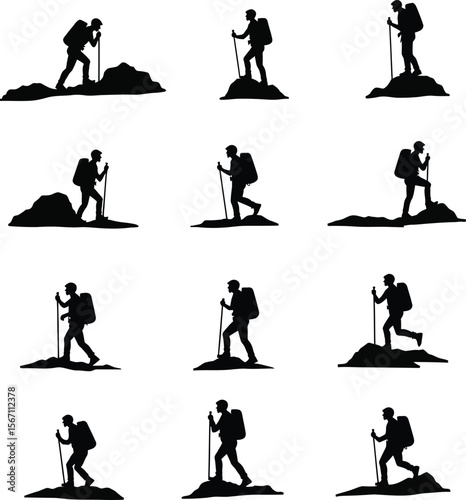 Nine hikers silhouette mountain trekking adventure