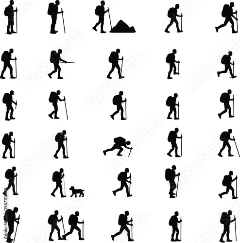 Hiking silhouettes backpackers trekking nature outdoors