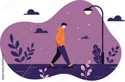 Man walking alone on urban sidewalk under streetlight during night in purple tones calm atmosphere 