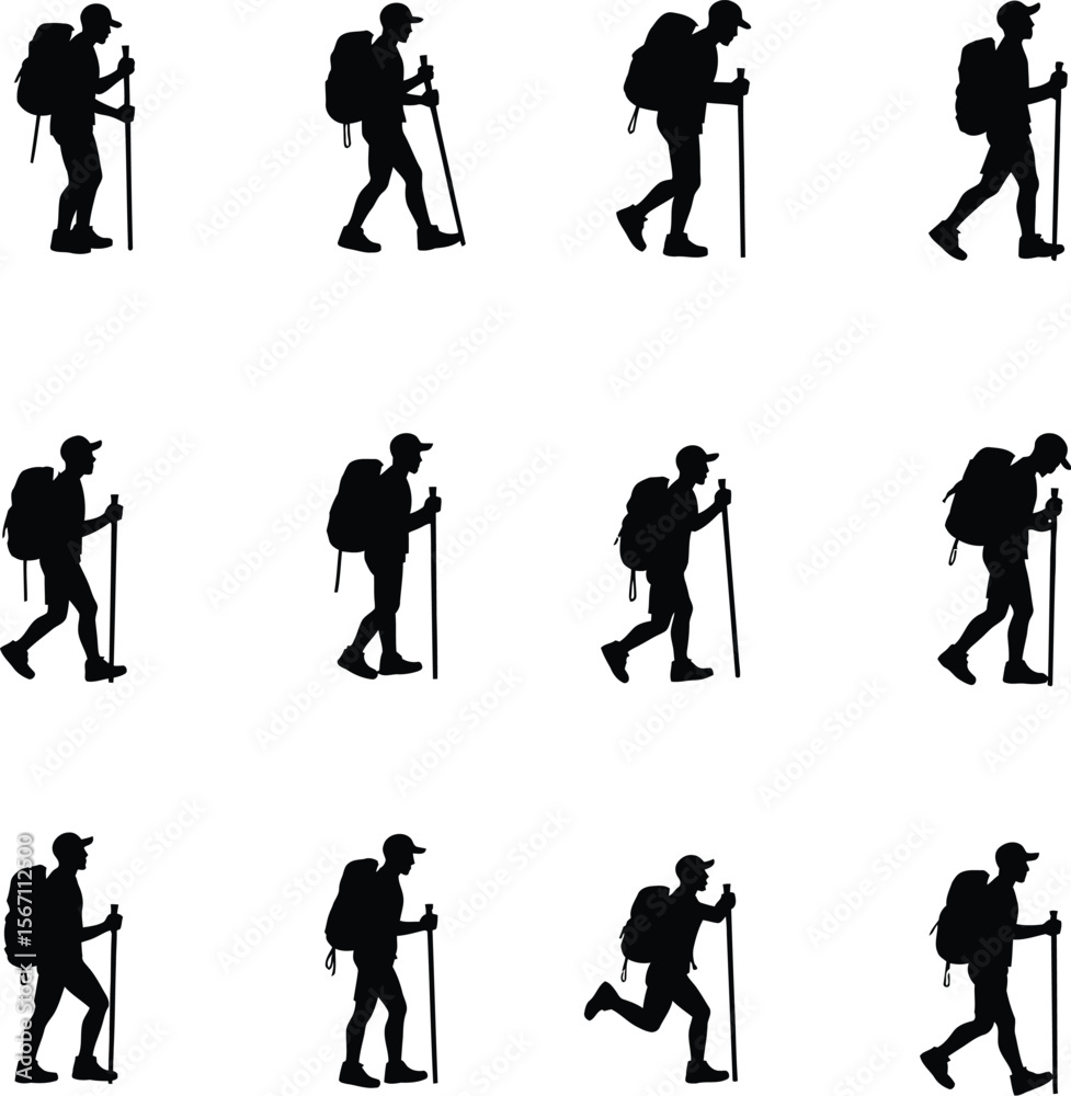Obraz premium Nine silhouettes of hikers with backpacks and trekking poles