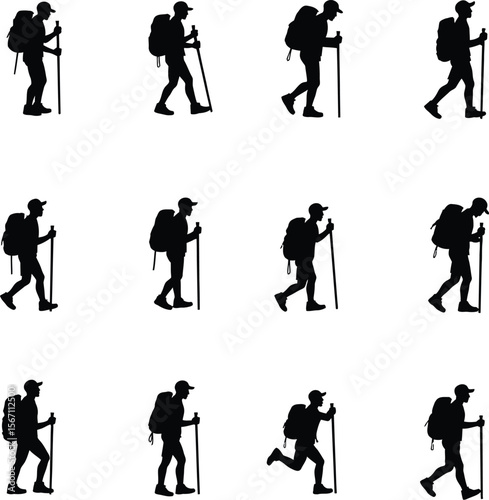 Nine silhouettes of hikers with backpacks and trekking poles