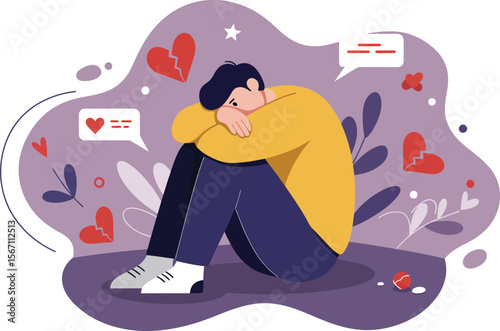 Sad young man sitting alone with heartbroken feelings and social media messages in purple background illustration 